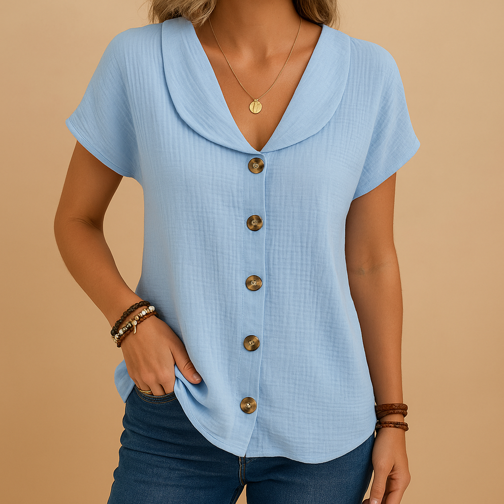 Women’s elegant collared button-up blouse with a breathable fit, available in white, blue and pink, ideal for casual and semi-formal outfits.