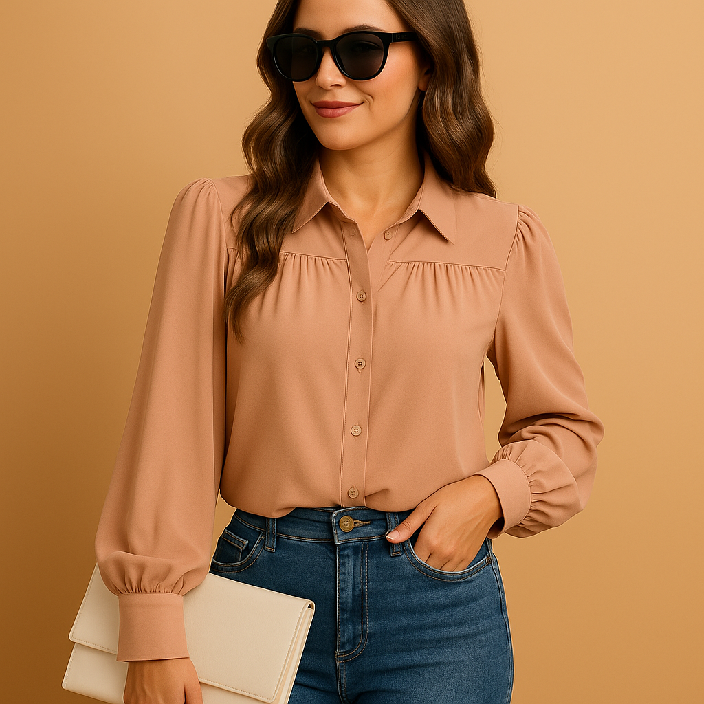 Women’s elegant lantern-sleeve blouse with a shirt collar, buttons, and gathered sleeves, ideal for work and everyday wear.