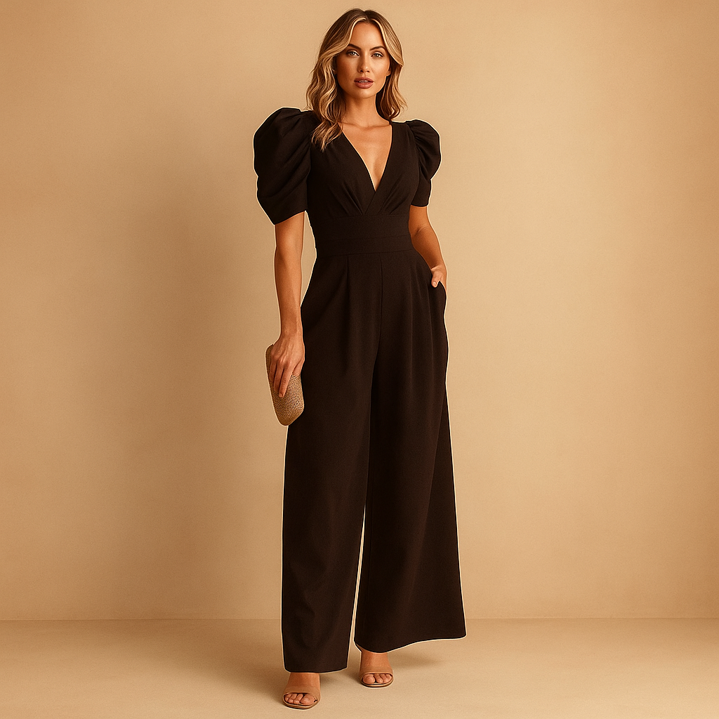 Woman wearing an elegant long jumpsuit with a tailored silhouette and flowing design, suitable for formal events, dinners, and upscale occasions.
