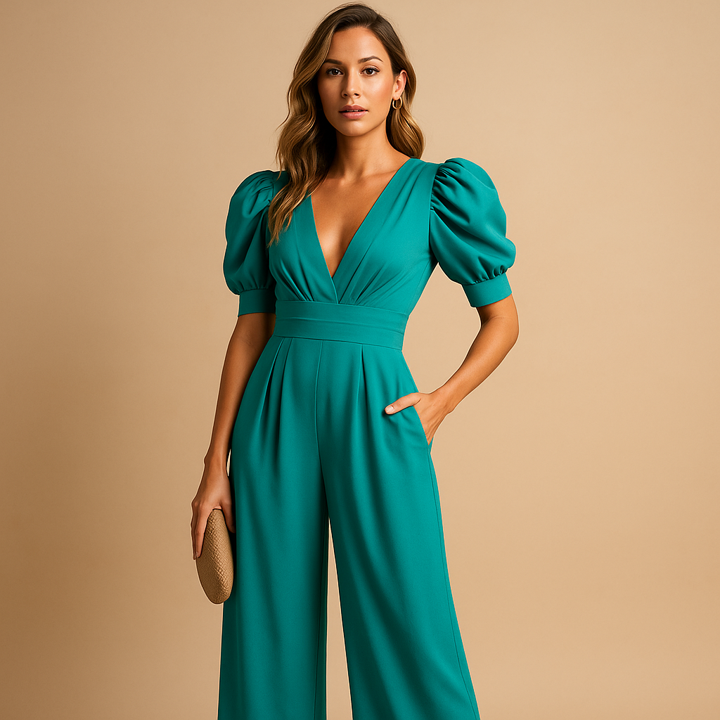 Woman wearing an elegant long jumpsuit with a tailored silhouette and flowing design, suitable for formal events, dinners, and upscale occasions.