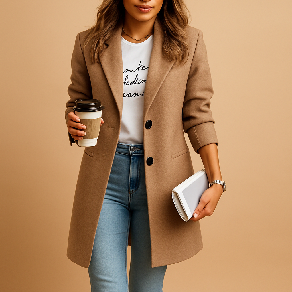 Woman wearing an elegant mid-length coat with refined detailing and a feminine tailored fit, suitable for work, parties, and daily outfits.