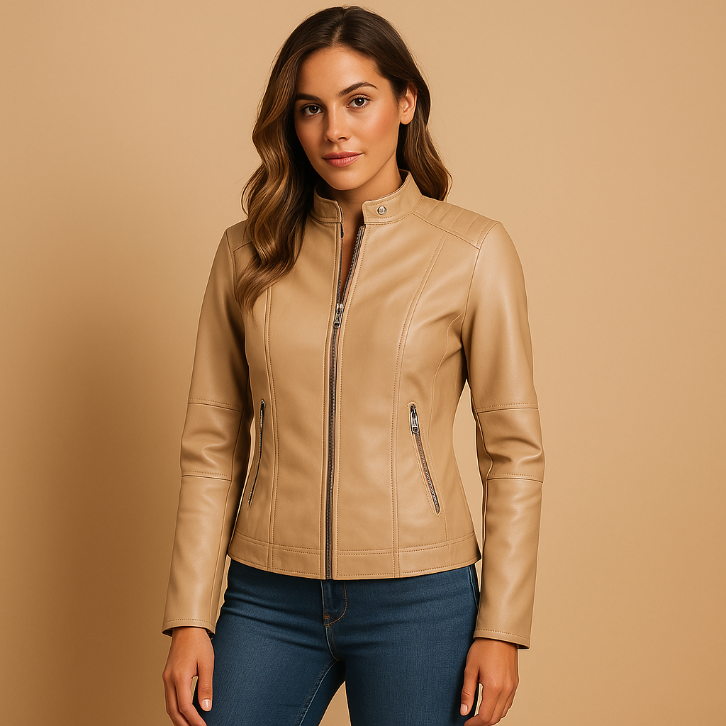 Woman wearing an elegant PU jacket for women with a regular fit, symmetrical zipper, and modern collar details, styled for autumn and spring looks.