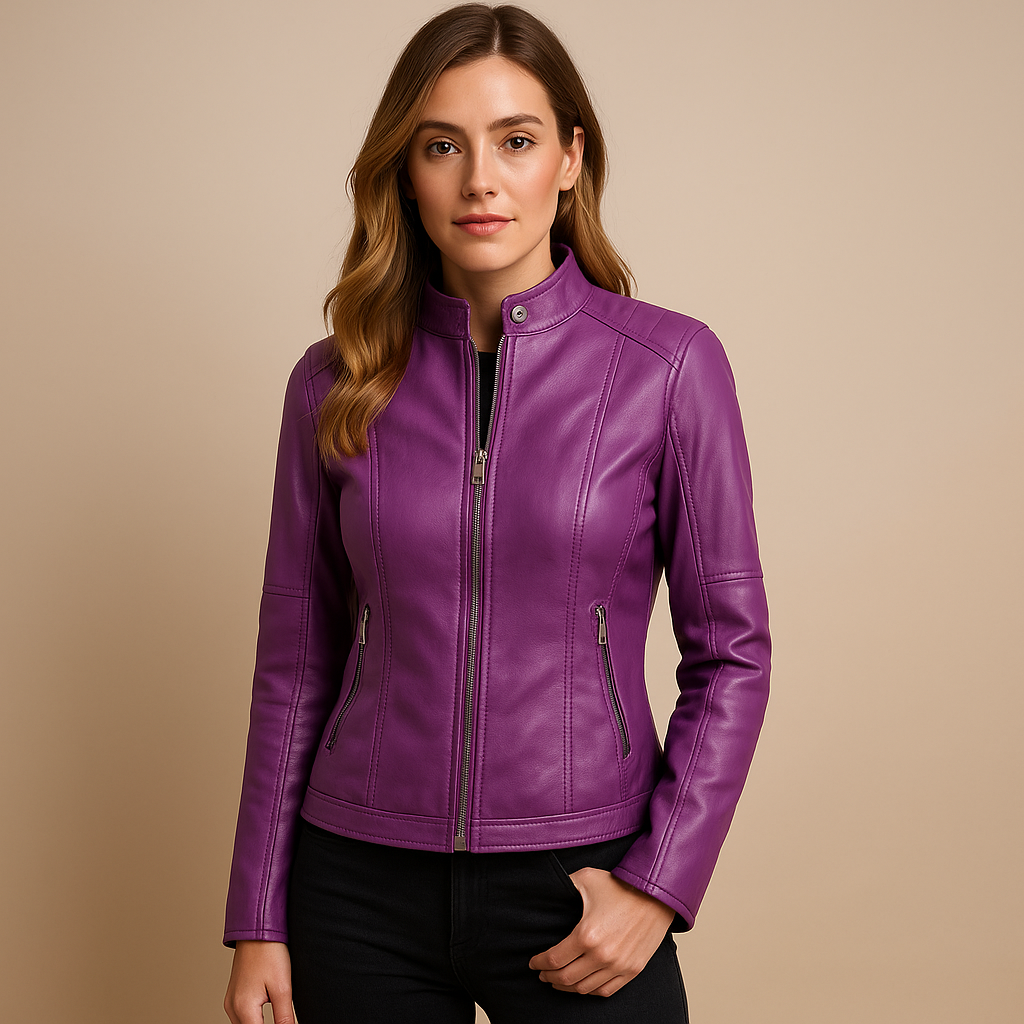 Woman wearing an elegant PU jacket for women with a regular fit, symmetrical zipper, and modern collar details, styled for autumn and spring looks.