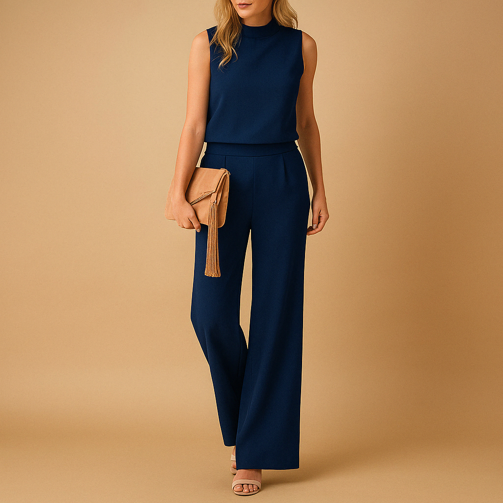 Woman wearing an elegant round-neck jumpsuit with a mid-waist fit and wide-leg design, suitable for work, evenings out, and special occasions.