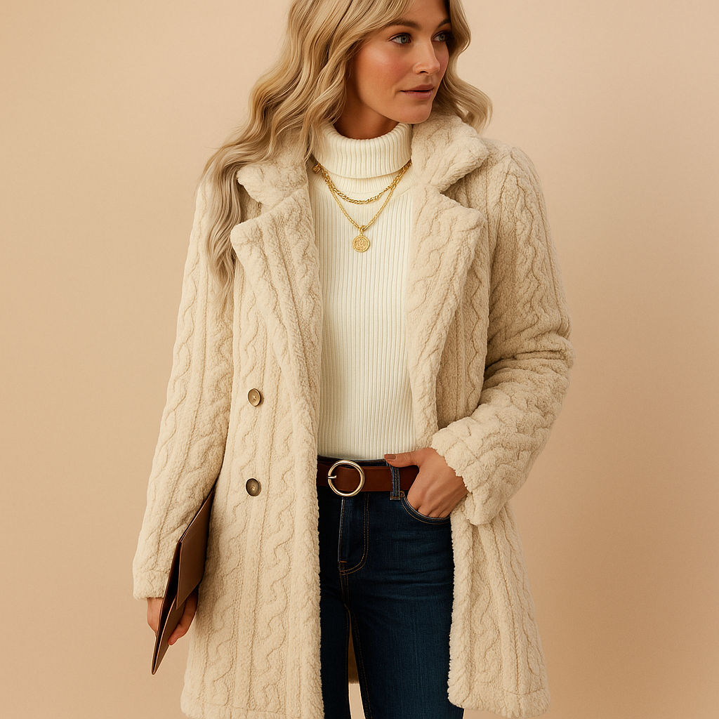Elegant tailored winter coat for women with structured silhouette, available in apricot, black, red, and white, perfect for winter days and evenings out.