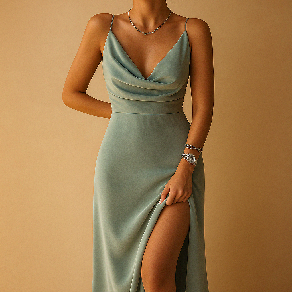 Elegant V-neck maxi dress for women with flowing silhouette and ankle-length design, perfect for weddings, galas, and formal evening occasions.