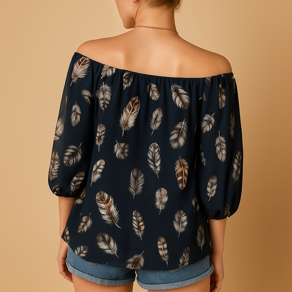 Women’s feather print V-neck blouse with a loose fit and breathable cotton blend, ideal for warm days and casual summer looks.