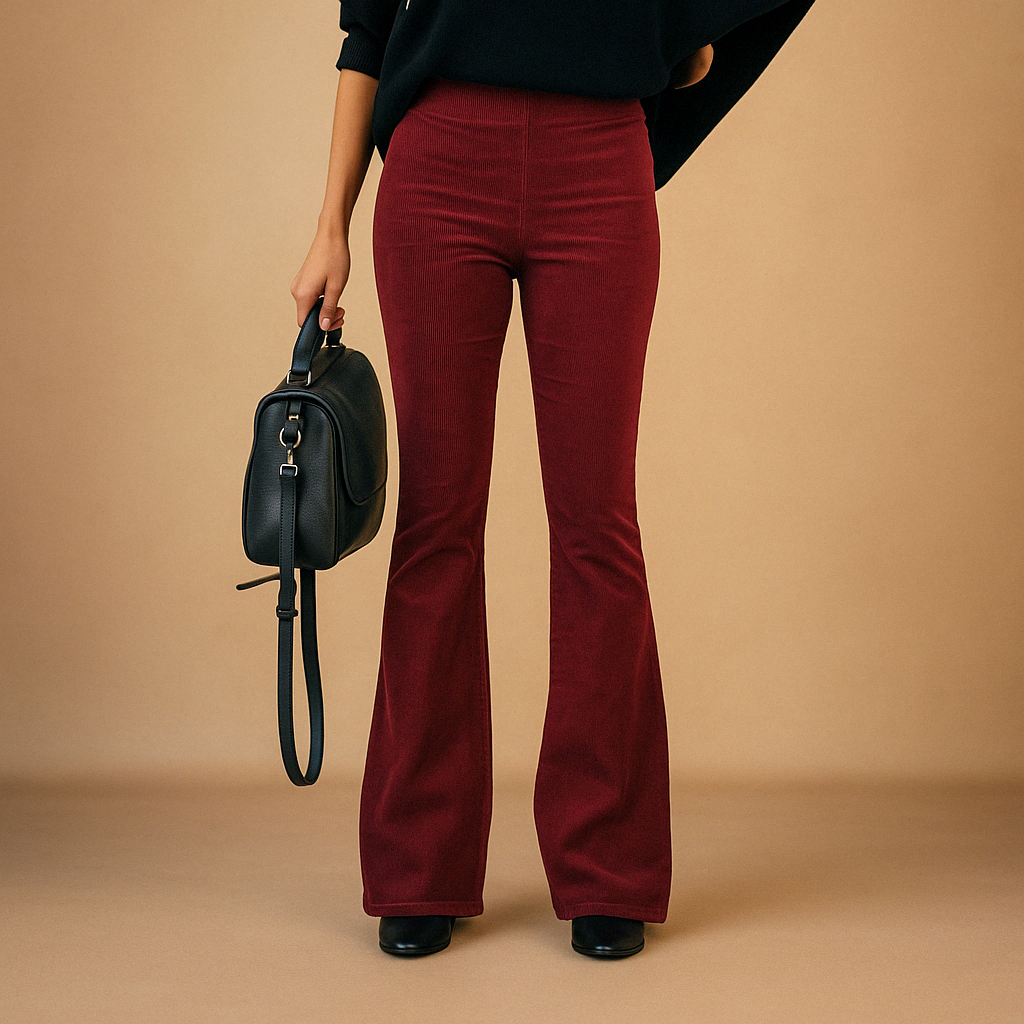 Women’s flared corduroy trousers with ribbed texture and vintage inspired silhouette, perfect for casual outfits or stylish semi-formal looks.