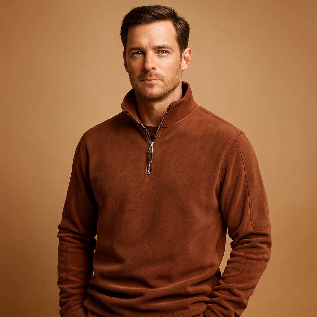 Men’s fleece half-zip pullover with soft fabric and timeless design, ideal for warmth during outdoor activities or casual wear in autumn and winter.