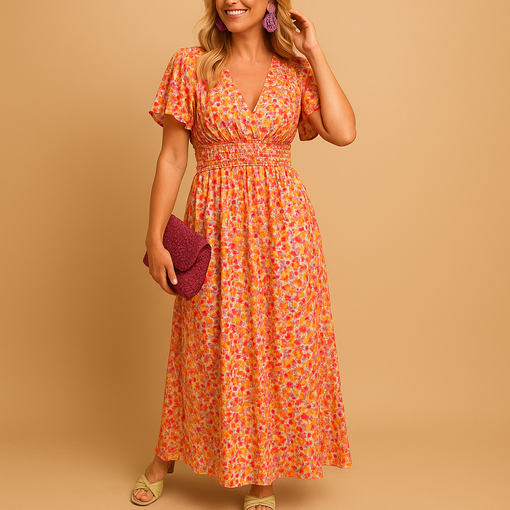 Women’s floral maxi summer dress with V-neck and flowing silhouette, ideal for holidays, warm evenings, and casual or chic summer styling.