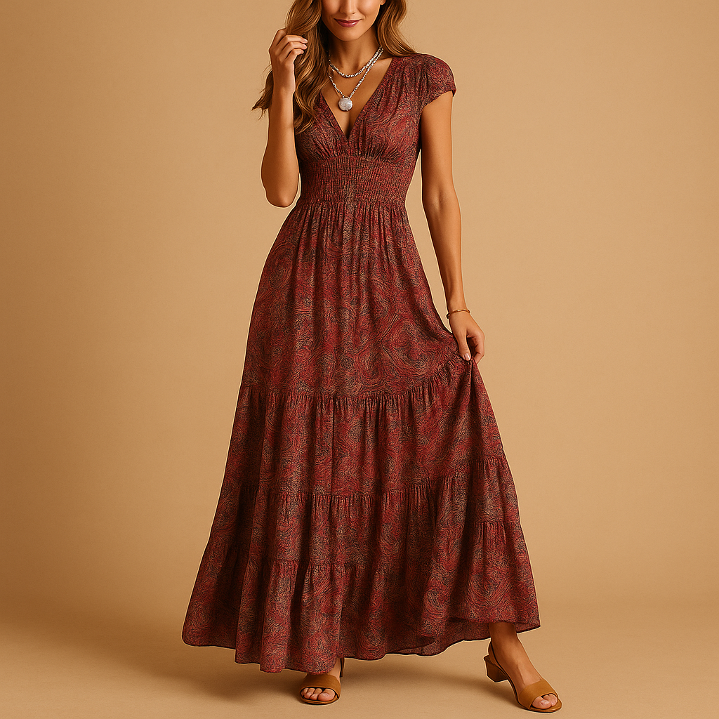 Women’s floral print maxi dress with ruffle collar and flattering waistline, perfect for parties, dinners, and elegant everyday occasions.
