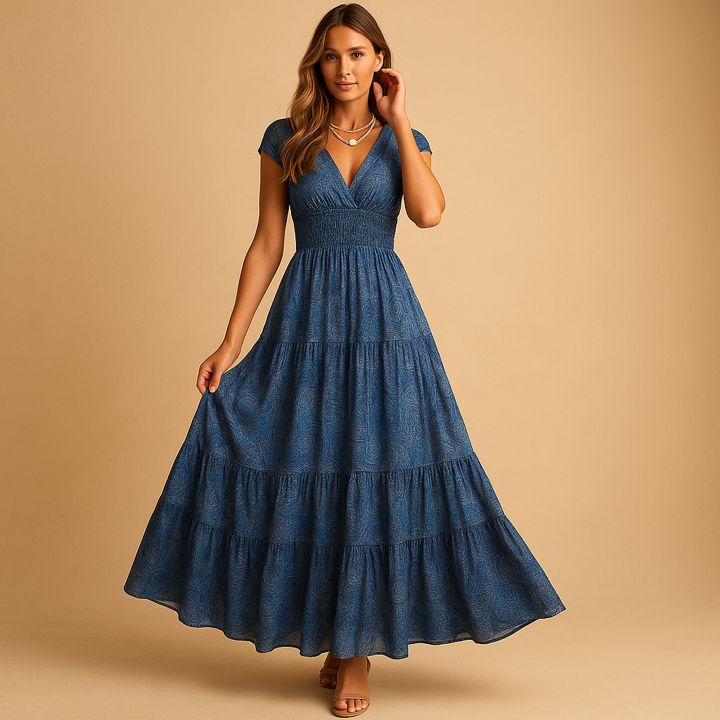 Women’s floral print maxi dress with ruffle collar and flattering waistline, perfect for parties, dinners, and elegant everyday occasions.