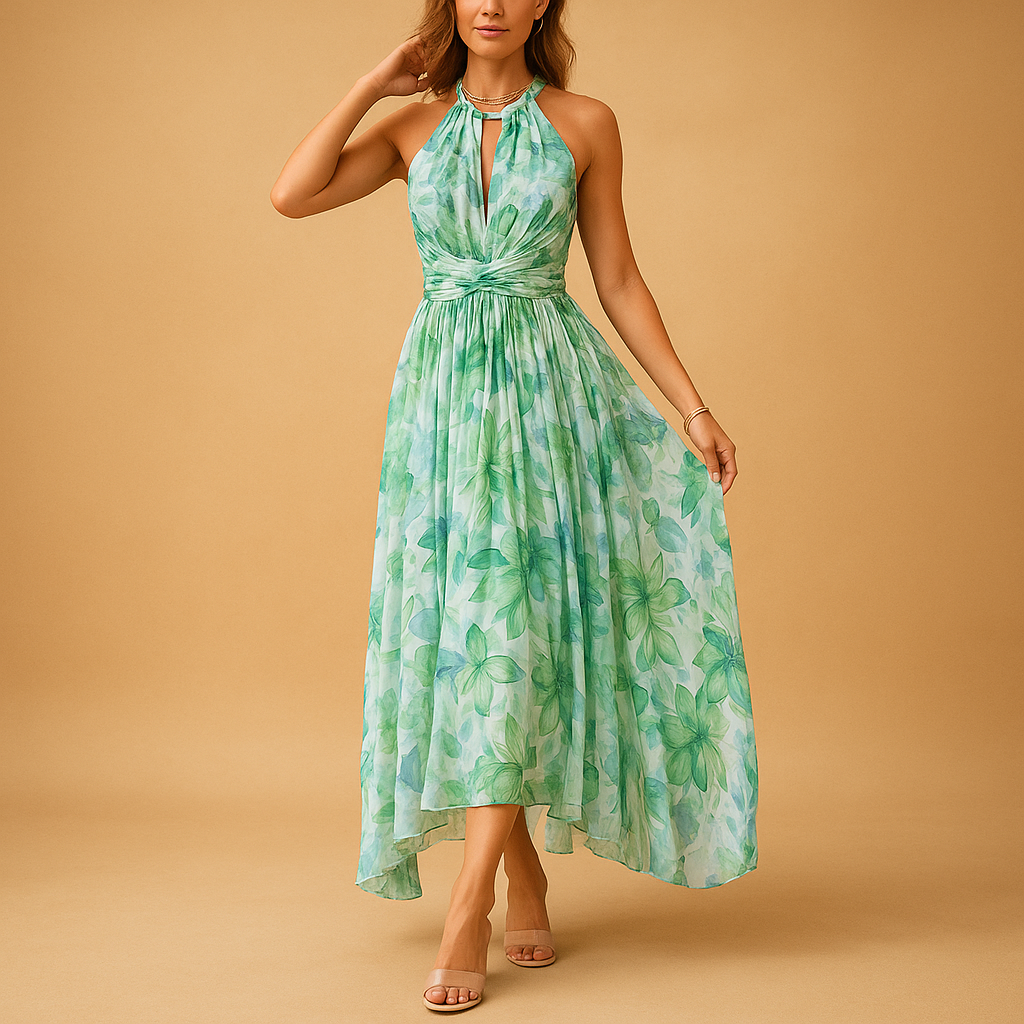 Floral sleeveless maxi dress for women with high waist and lightweight fabric, ideal for summer vacations and garden parties.