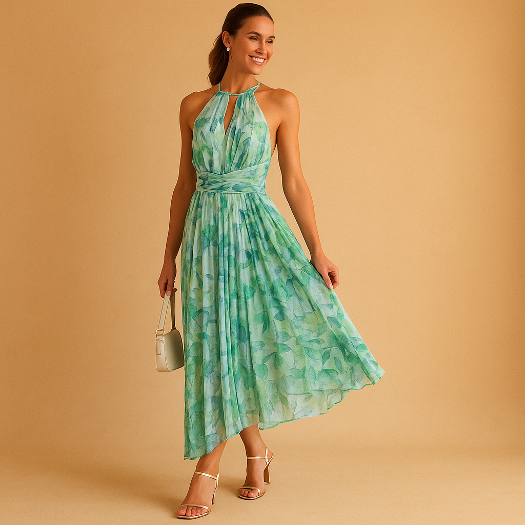 Floral sleeveless maxi dress for women with high waist and lightweight fabric, ideal for summer vacations and garden parties.