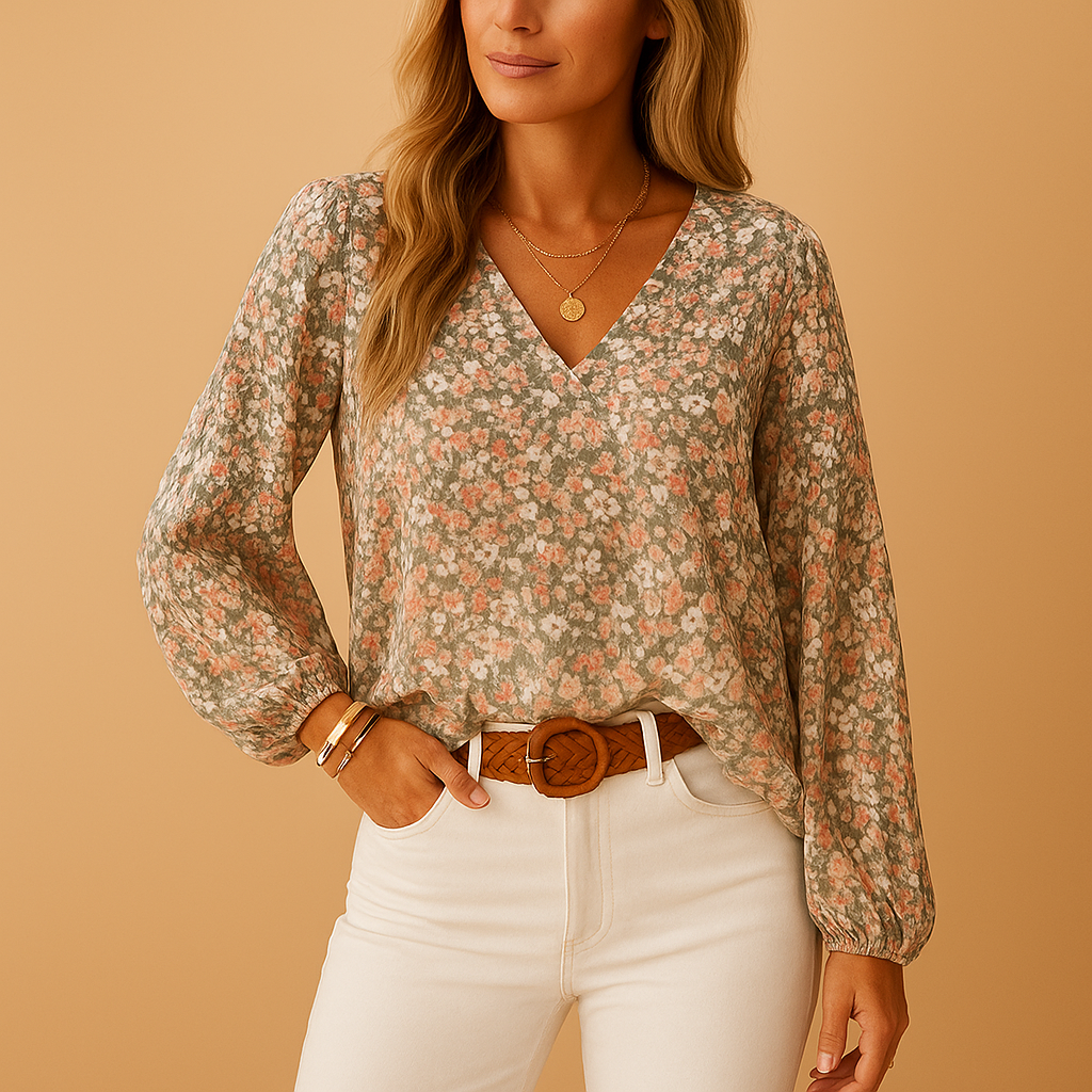 Women’s floral summer blouse with long sleeves, light fabric and a loose comfortable fit, ideal for warm days and casual or chic outfits.