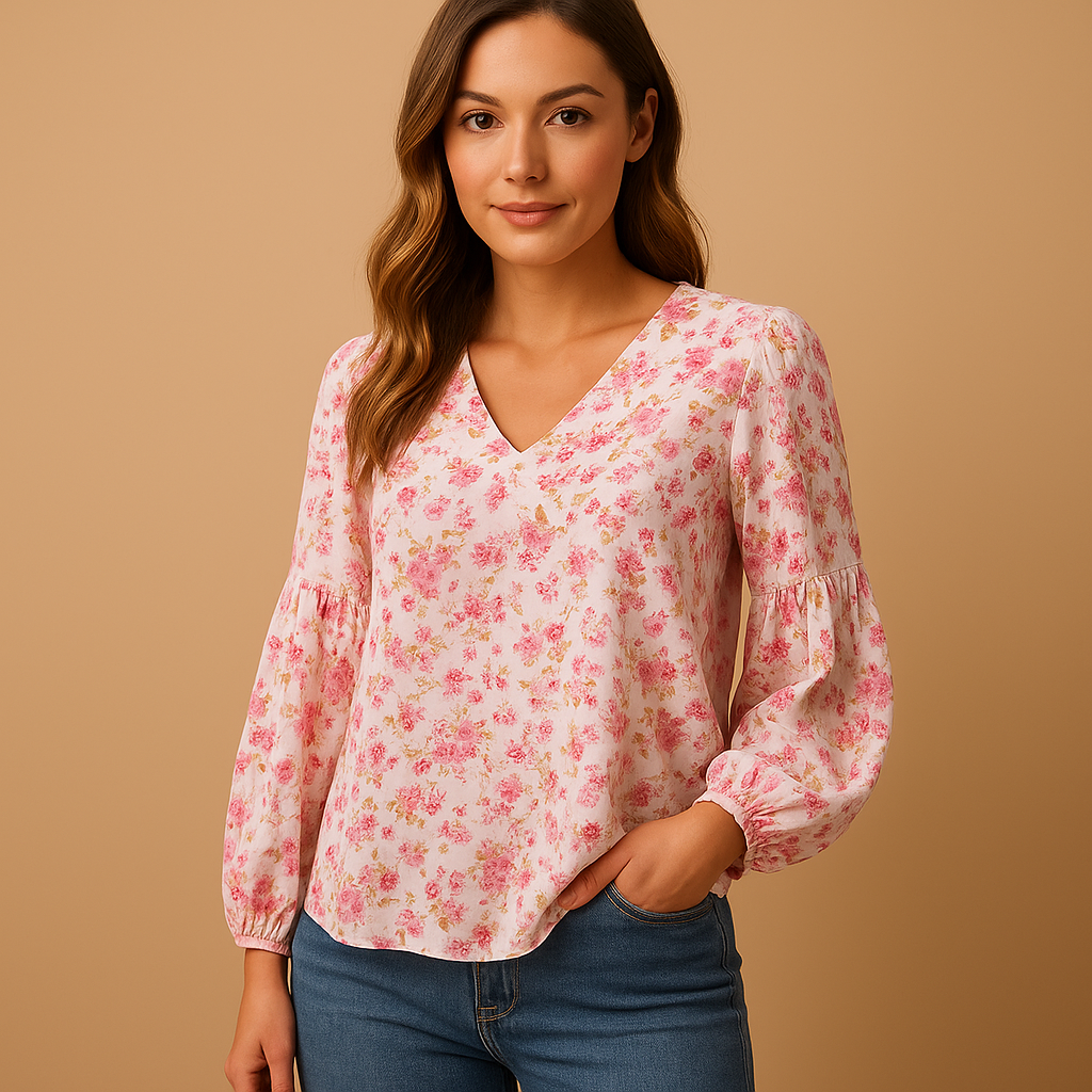Women’s floral summer blouse with long sleeves, light fabric and a loose comfortable fit, ideal for warm days and casual or chic outfits.