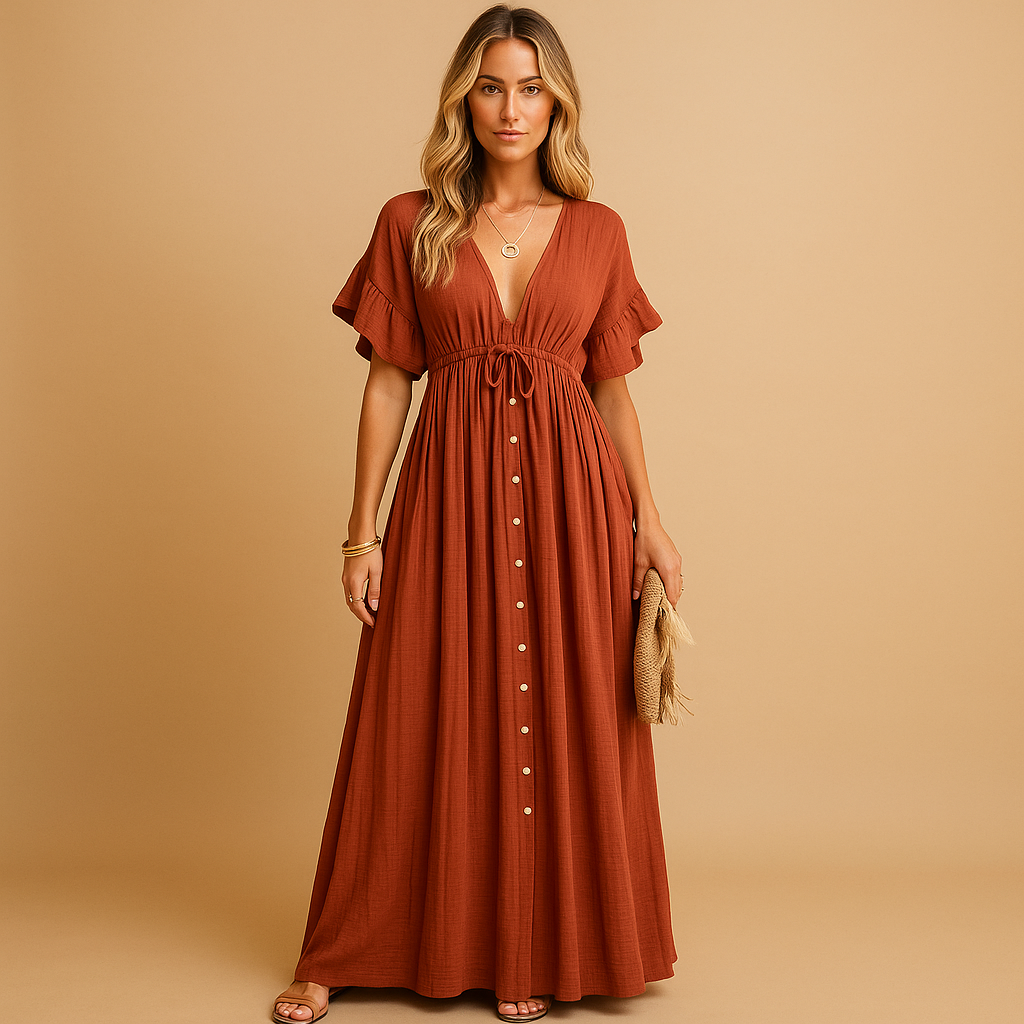 Flowy beach cover up dress for women in orange cotton blend fabric, ideal for wearing over swimwear at the beach, pool, or during summer vacations.