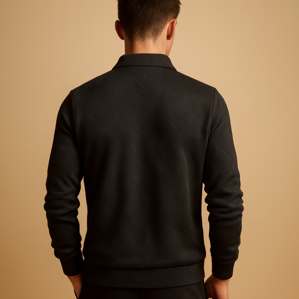 Men’s geometric quarter-zip polo sweater with soft fabric, modern pattern, and comfortable fit for autumn and winter outfits.