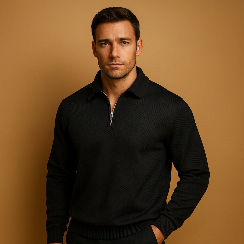 Men’s geometric quarter-zip polo sweater with soft fabric, modern pattern, and comfortable fit for autumn and winter outfits.