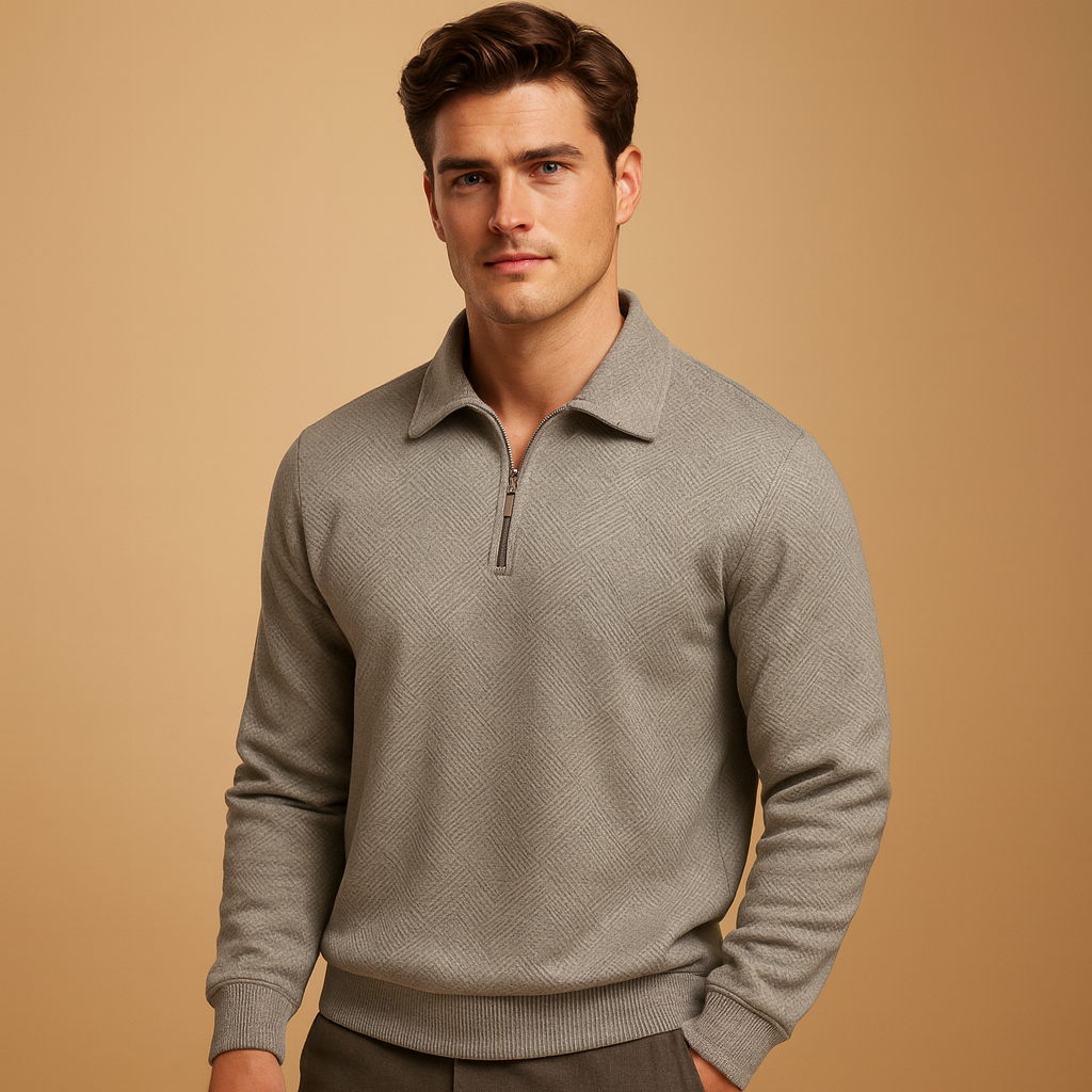 Men’s geometric quarter-zip polo sweater with soft fabric, modern pattern, and comfortable fit for autumn and winter outfits.