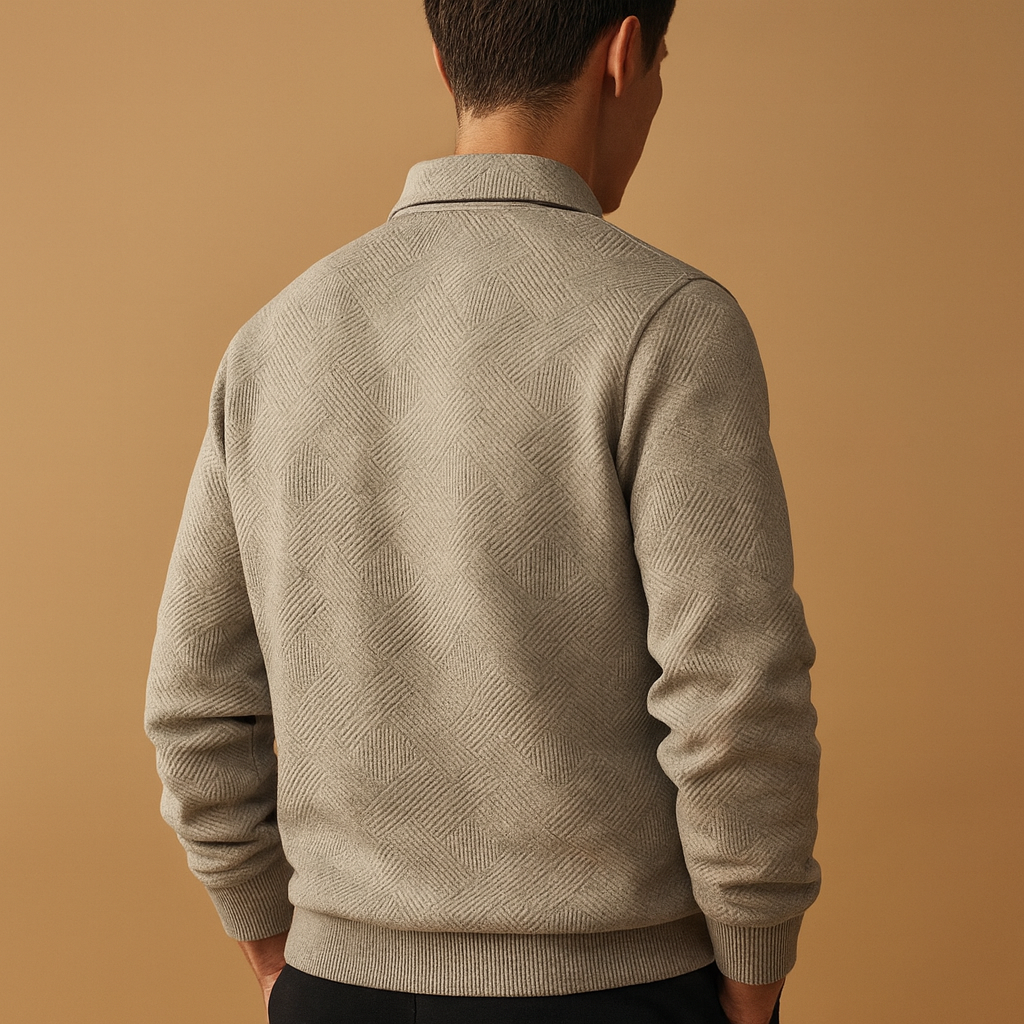 Men’s geometric quarter-zip polo sweater with soft fabric, modern pattern, and comfortable fit for autumn and winter outfits.