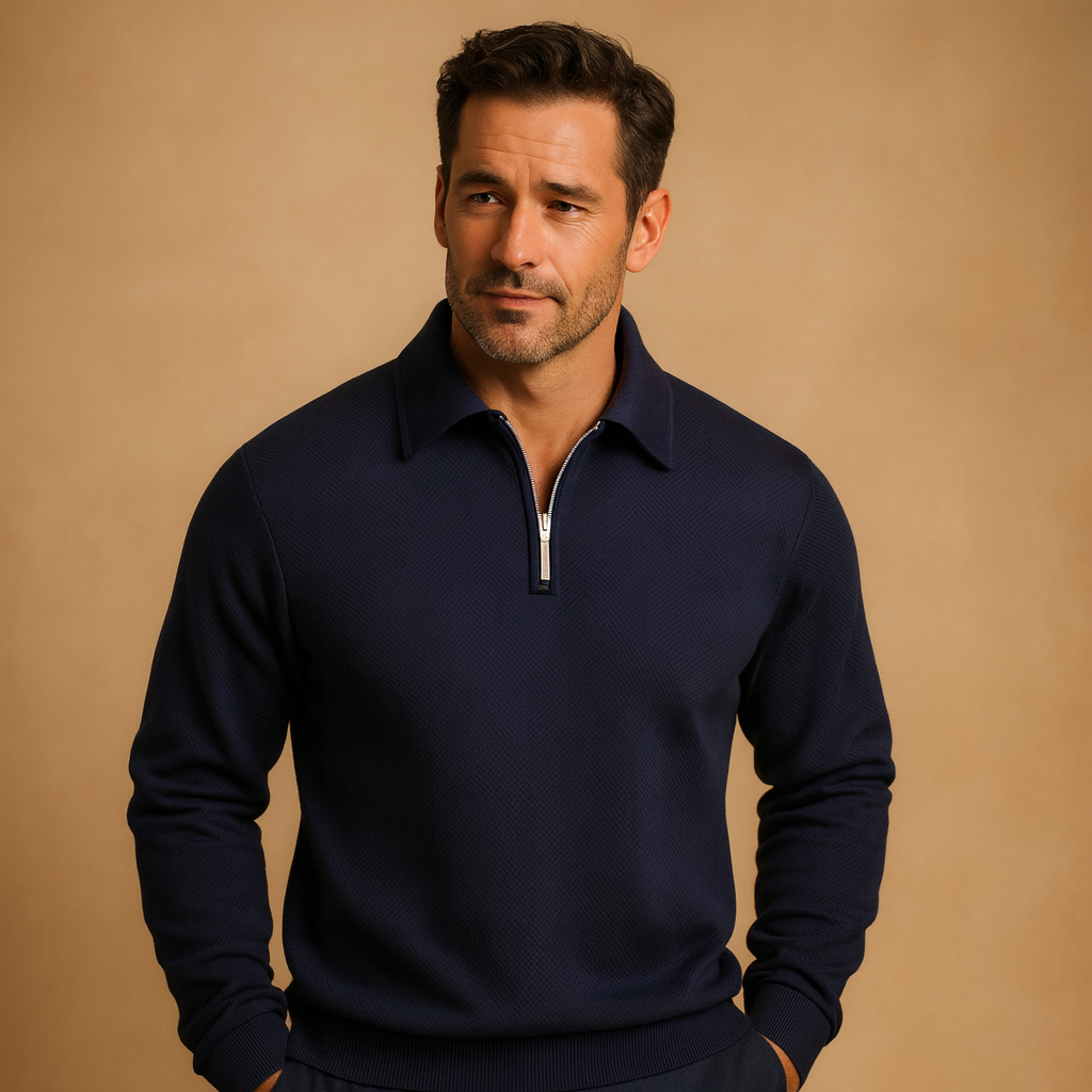 Men’s geometric quarter-zip polo sweater with soft fabric, modern pattern, and comfortable fit for autumn and winter outfits.