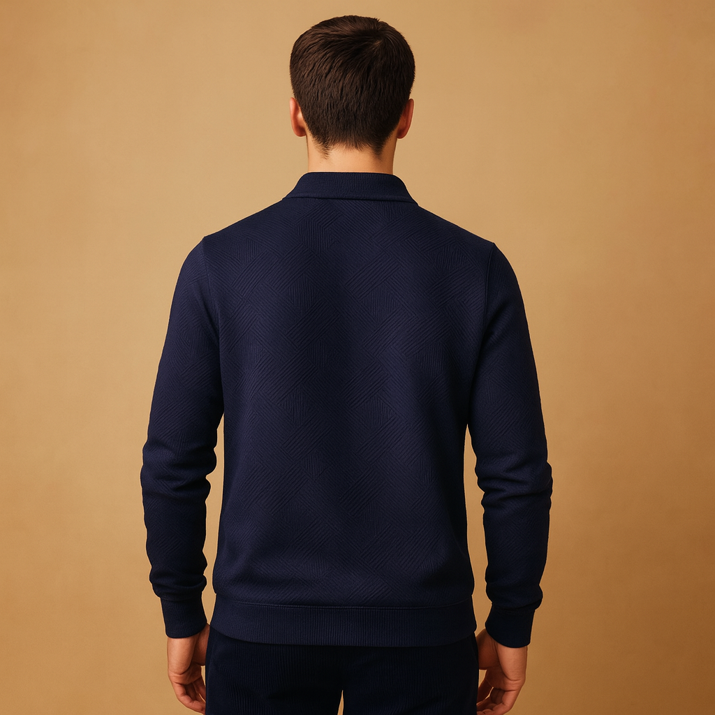 Men’s geometric quarter-zip polo sweater with soft fabric, modern pattern, and comfortable fit for autumn and winter outfits.