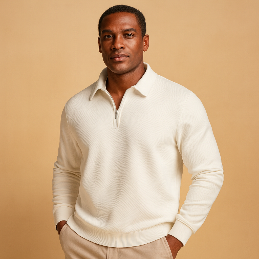 Men’s geometric quarter-zip polo sweater with soft fabric, modern pattern, and comfortable fit for autumn and winter outfits.