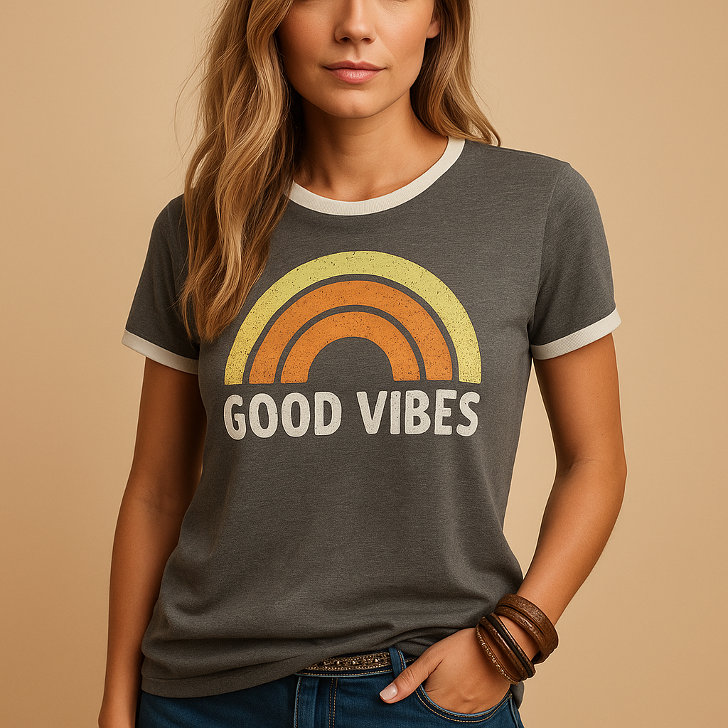 Women’s Good Vibes print T-shirt in multiple colors with a loose, comfortable fit, ideal for casual summer outfits.