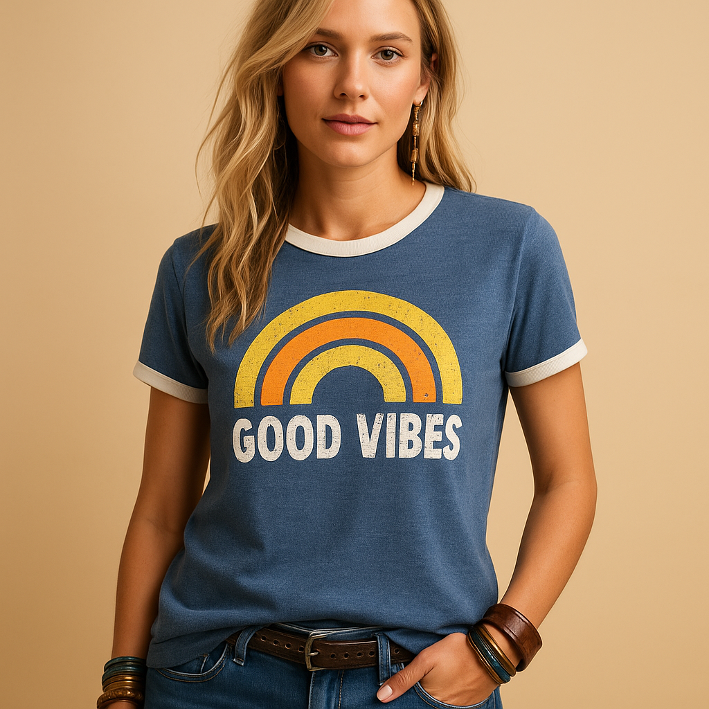 Women’s Good Vibes print T-shirt in multiple colors with a loose, comfortable fit, ideal for casual summer outfits.