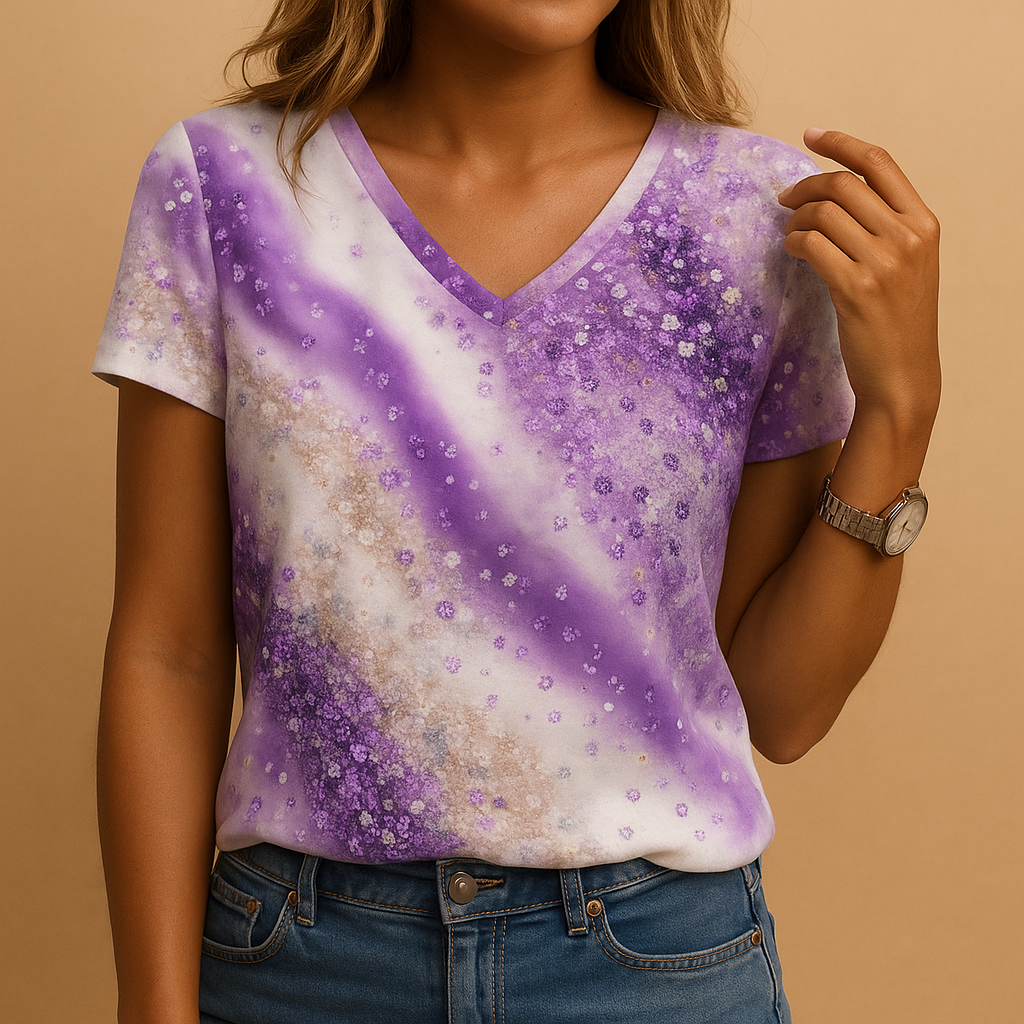 Women’s gradient print V-neck blouse with short sleeves and a relaxed fit, ideal for warm days and casual summer looks.