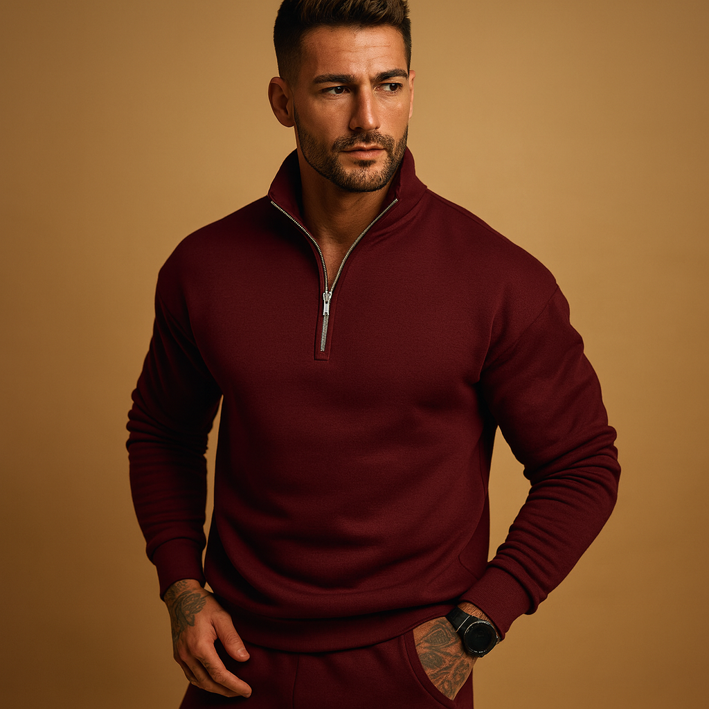 Menโs half-zip knitted sweater with soft comfortable fit, ideal for autumn and winter casual or formal looks.
