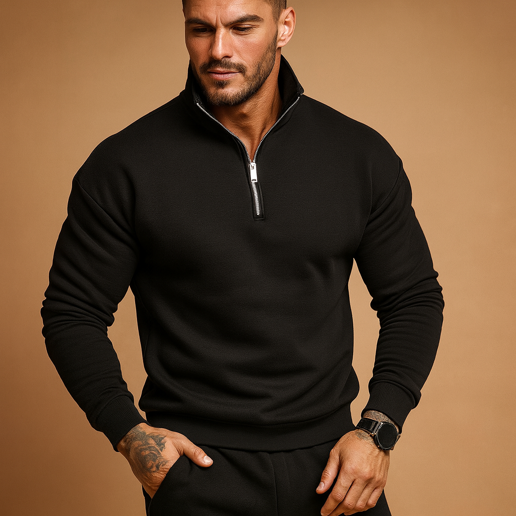 Menโs half-zip knitted sweater with soft comfortable fit, ideal for autumn and winter casual or formal looks.