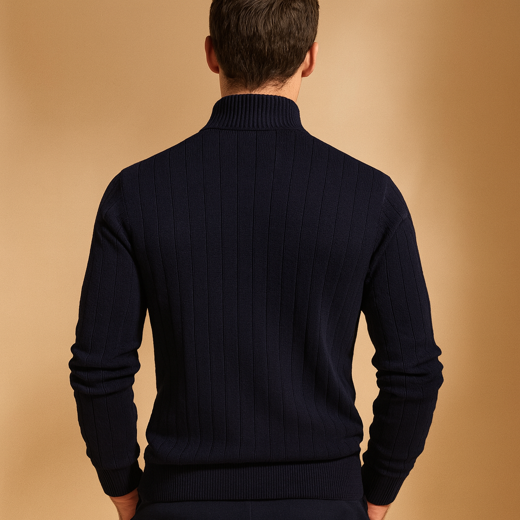 Men’s slim-fit knitted half-zip sweater with a high collar, offering warmth and modern style for autumn and winter outfits.