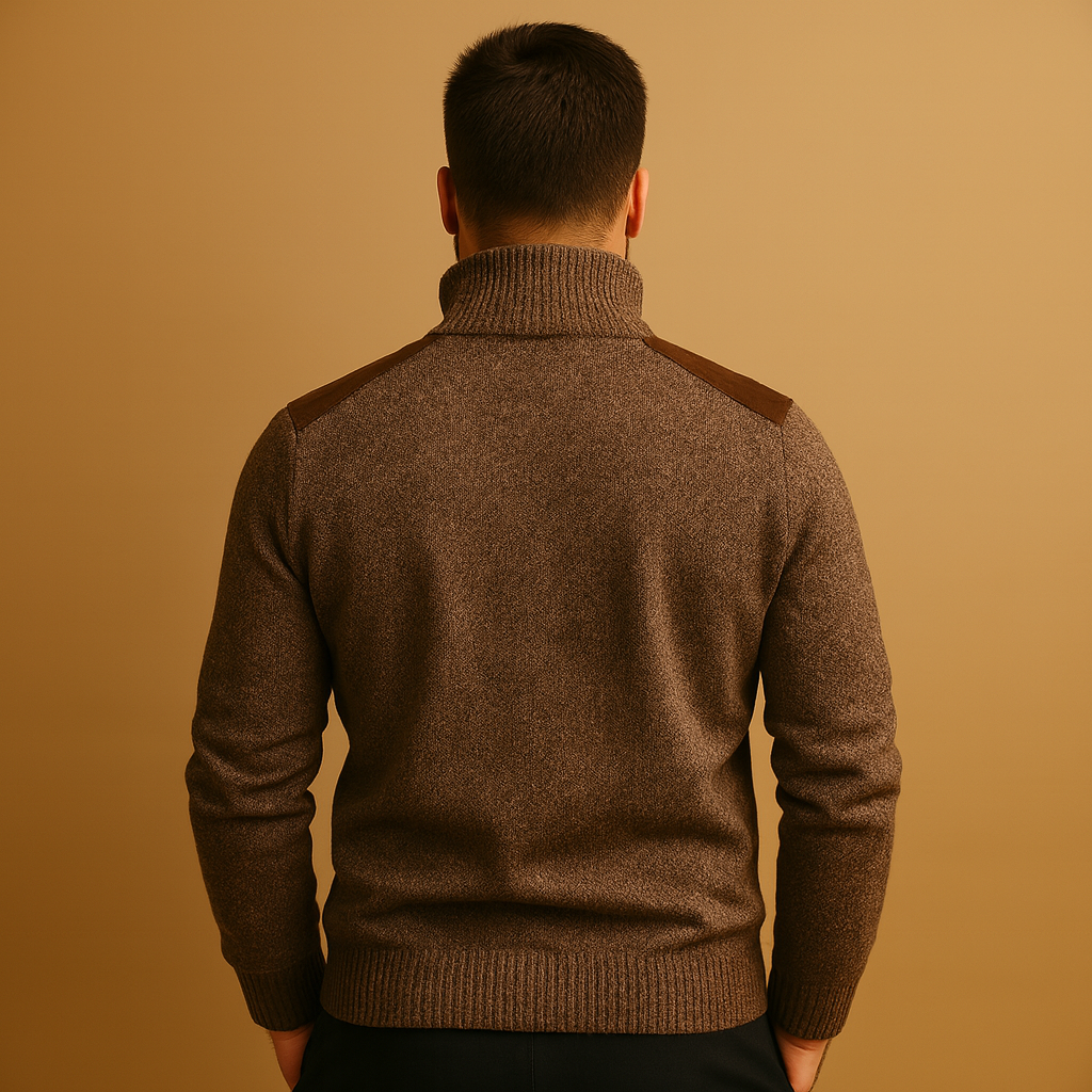Men’s half-zip sweater with adjustable stand collar and chest pocket, designed for warmth and versatile everyday wear.