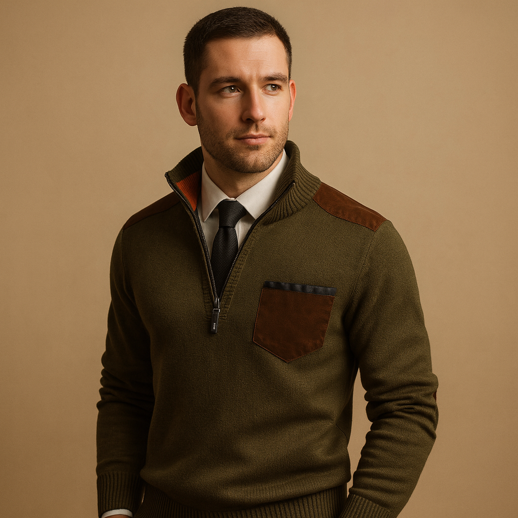 Men’s half-zip sweater with adjustable stand collar and chest pocket, designed for warmth and versatile everyday wear.