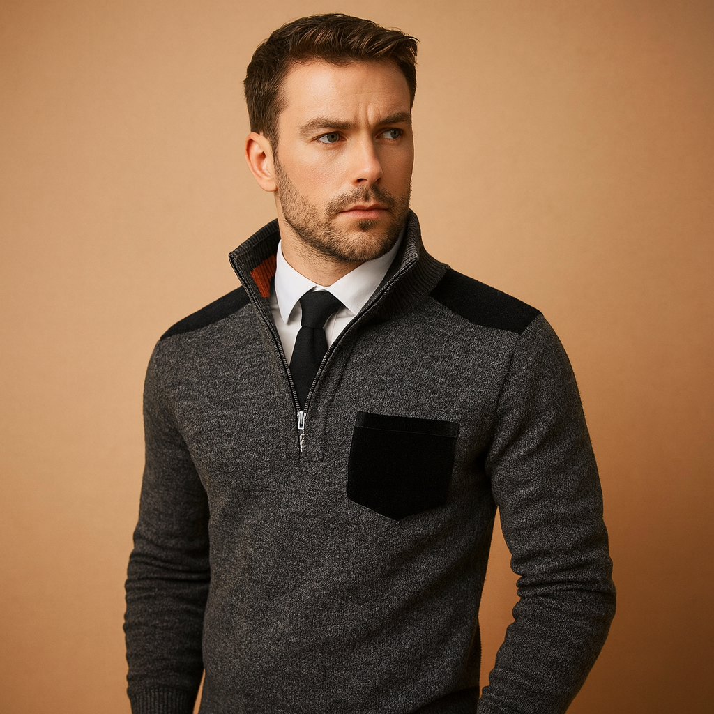 Men’s half-zip sweater with adjustable stand collar and chest pocket, designed for warmth and versatile everyday wear.