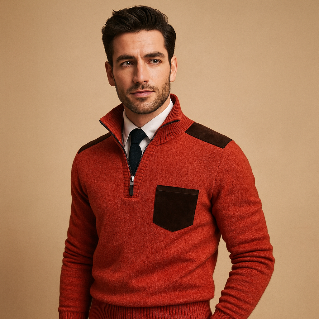 Men’s half-zip sweater with adjustable stand collar and chest pocket, designed for warmth and versatile everyday wear.
