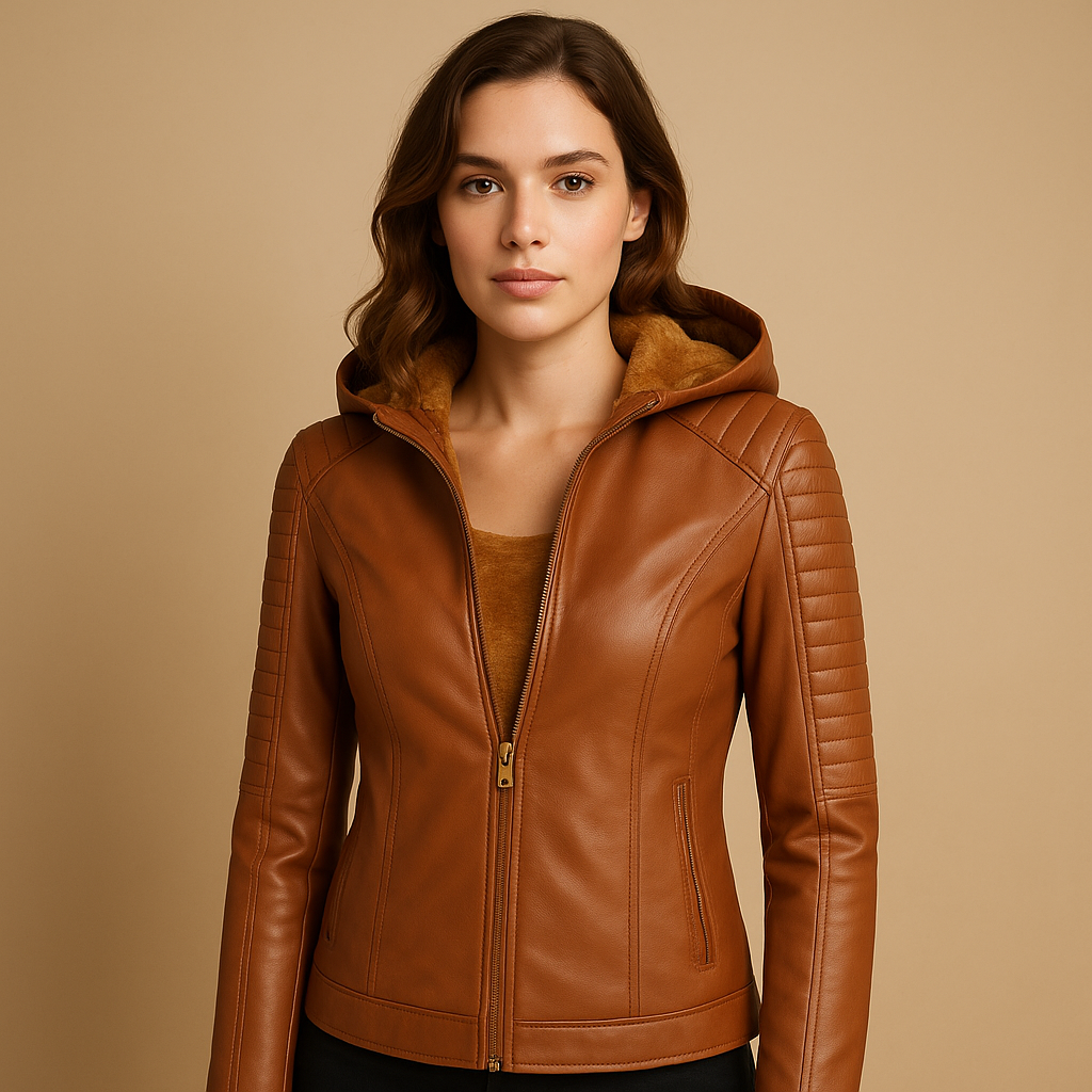 Woman wearing a hooded jacket for women with a regular fit, removable hood, and gold tone details, styled for casual and smart casual looks.