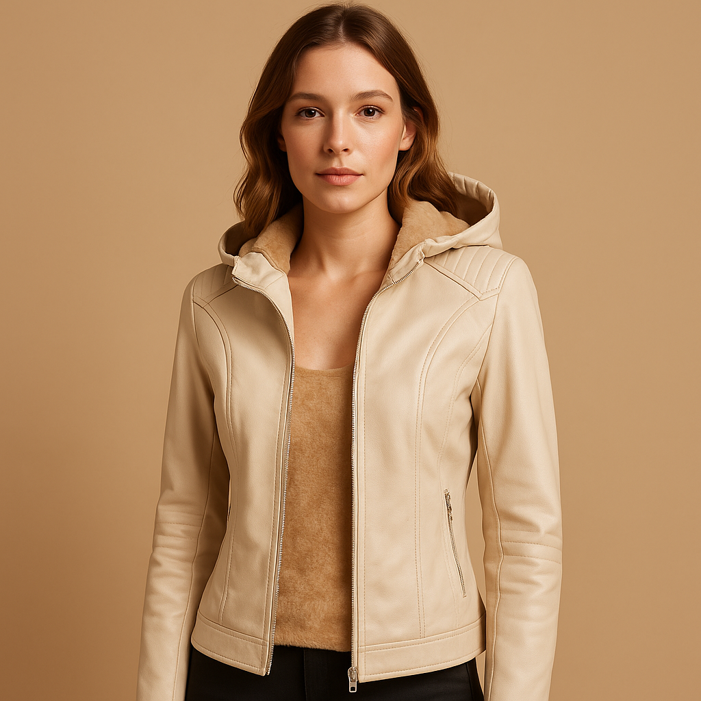 Woman wearing a hooded jacket for women with a regular fit, removable hood, and gold tone details, styled for casual and smart casual looks.