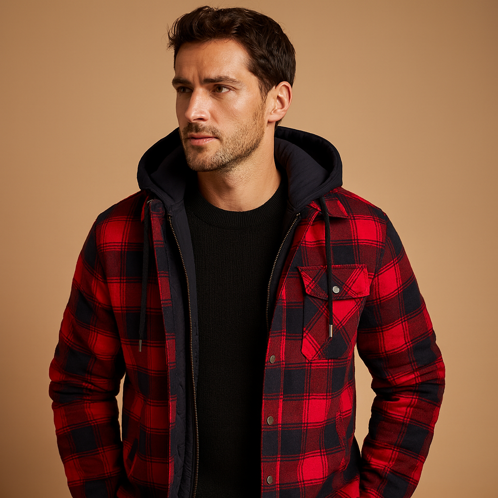 Men’s hooded puffer jacket with classic design, providing warmth, wind resistance, and comfort for cold winter days.