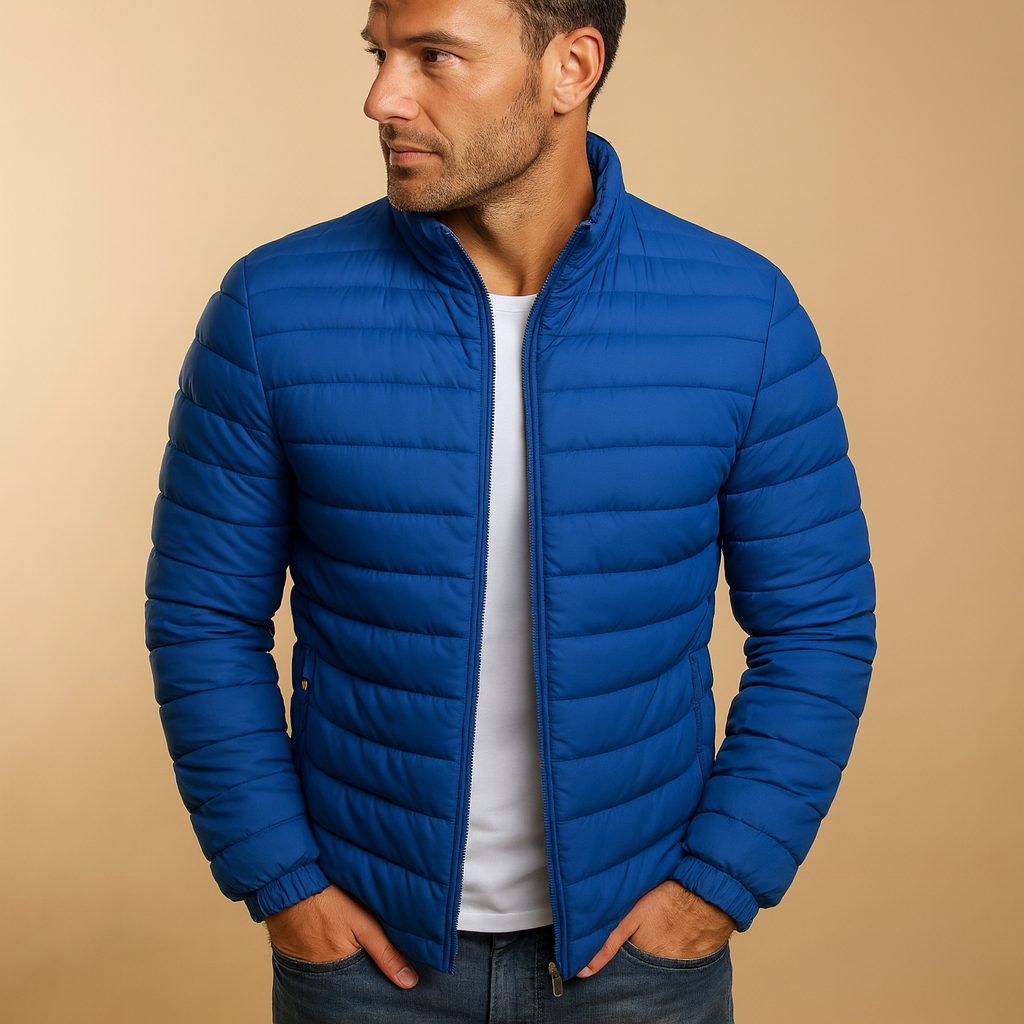 Men’s hooded puffer jacket with classic design, providing warmth, wind resistance, and comfort for cold winter days.