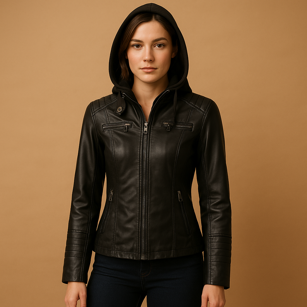 Woman wearing a hooded tailored coat for women with a removable knitted hood and double zipper, styled for city wear and cooler seasons.