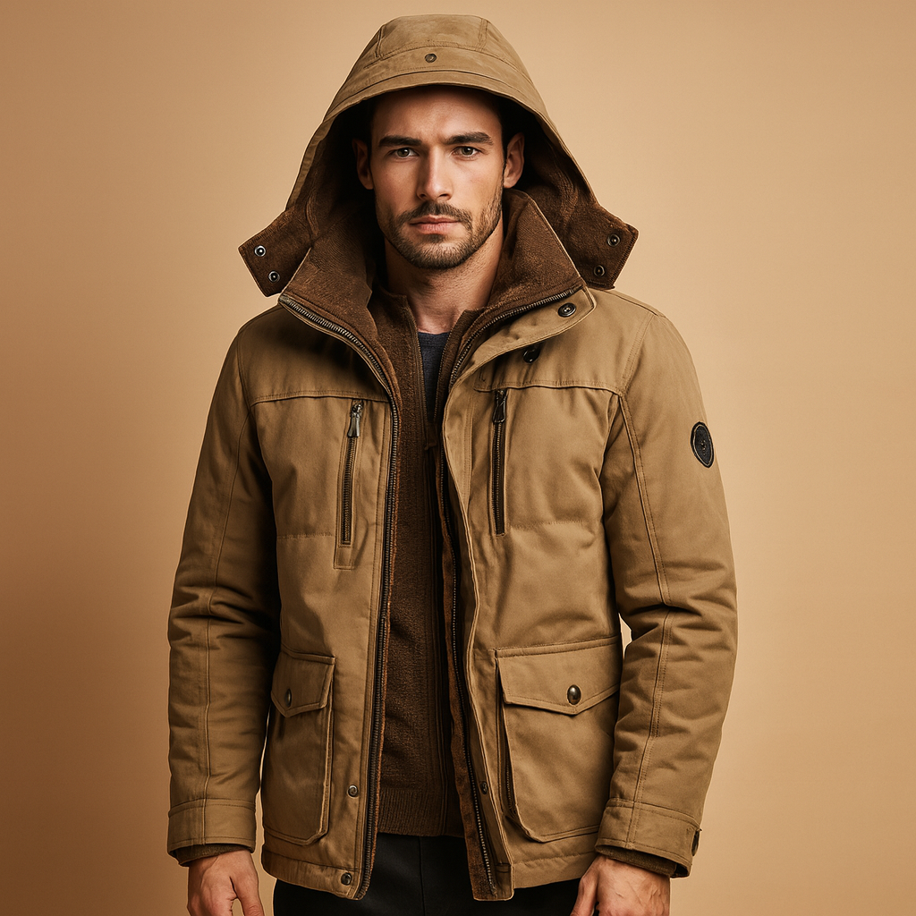 Men’s hooded winter coat with thick insulation and a classic design, offering warmth and protection for cold winter days and outdoor wear.