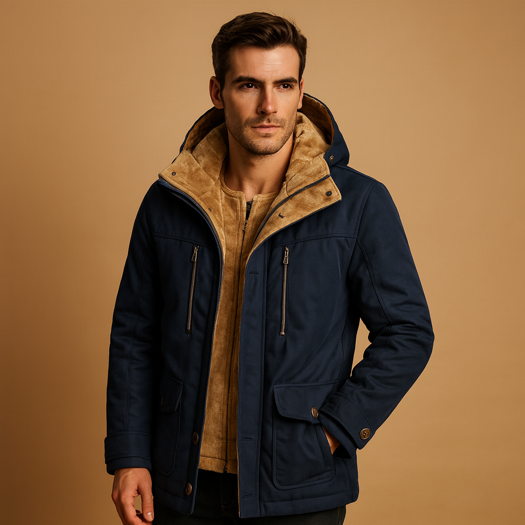 Men’s hooded winter coat with thick insulation and a classic design, offering warmth and protection for cold winter days and outdoor wear.