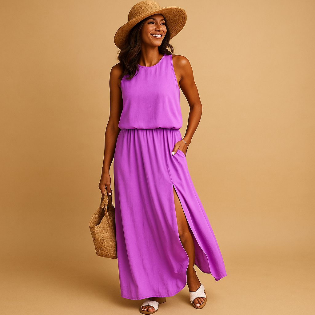 Knee-length summer dress for women with loose airy fit and short sleeves, perfect for casual summer days, vacations, and chic evening occasions.