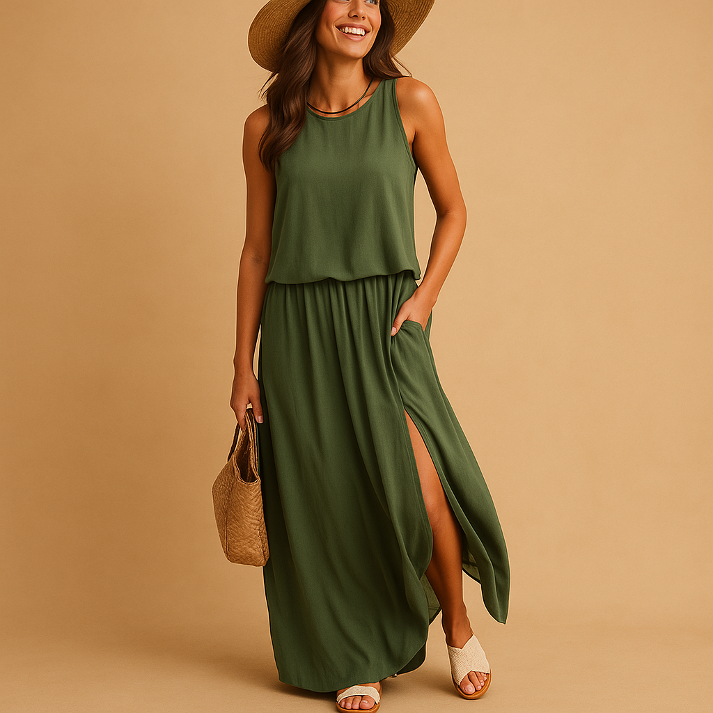 Knee-length summer dress for women with loose airy fit and short sleeves, perfect for casual summer days, vacations, and chic evening occasions.