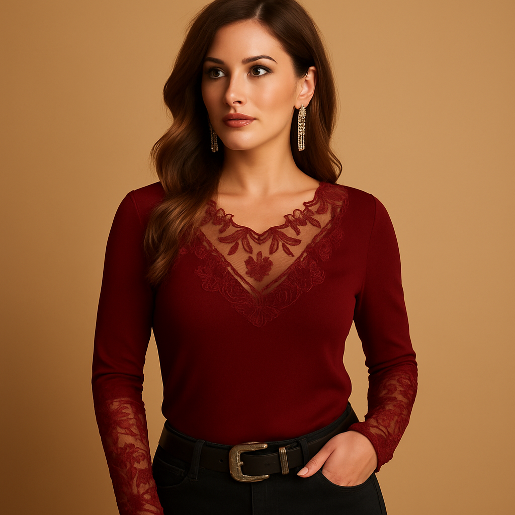 Women’s lace blouse with a feminine tailored fit, breathable feel and elegant detailing suitable for daily wear or evening outfits.