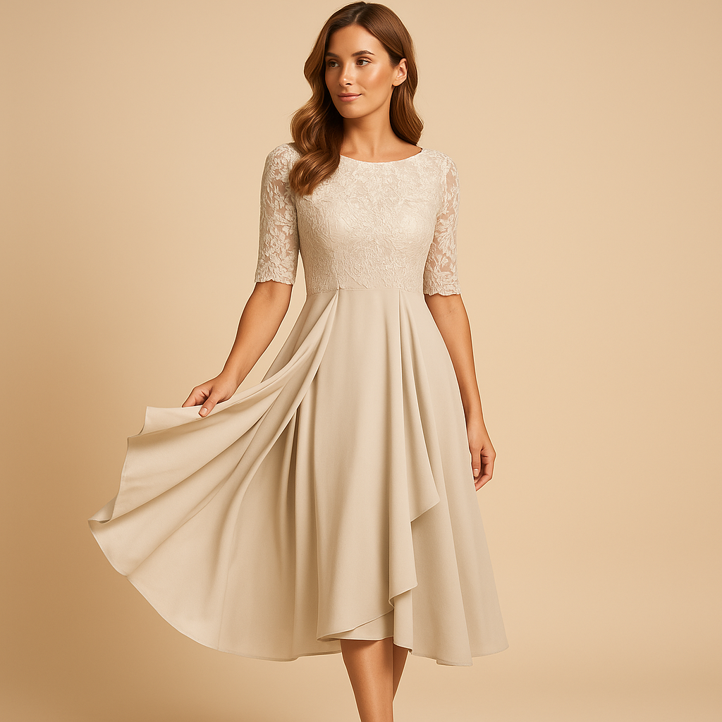 Women’s midi dress with lace top and asymmetrical layered skirt, ideal for cocktail parties, summer events, and elegant special occasions.