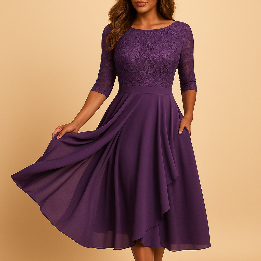 Women’s midi dress with lace top and asymmetrical layered skirt, ideal for cocktail parties, summer events, and elegant special occasions.